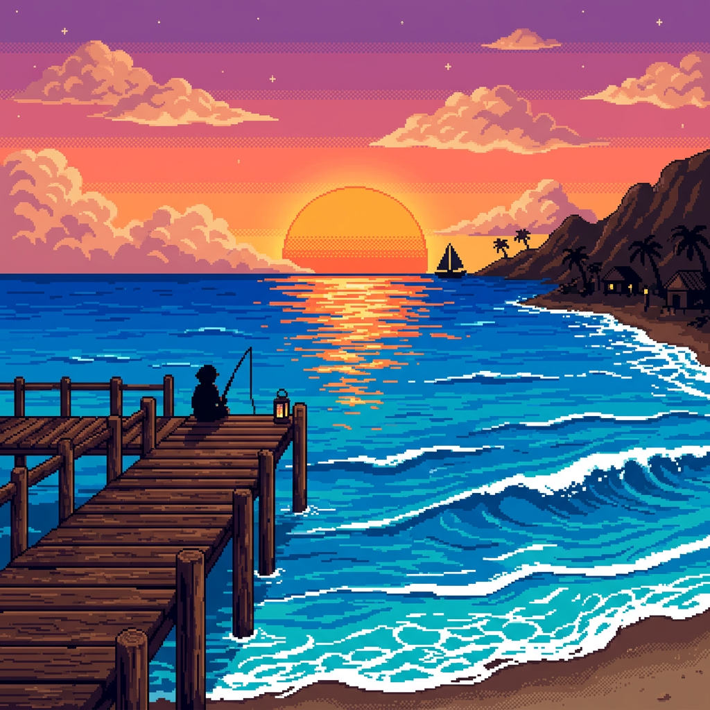 Pixel-art sunset beach scene with a dock and a fisherman.
